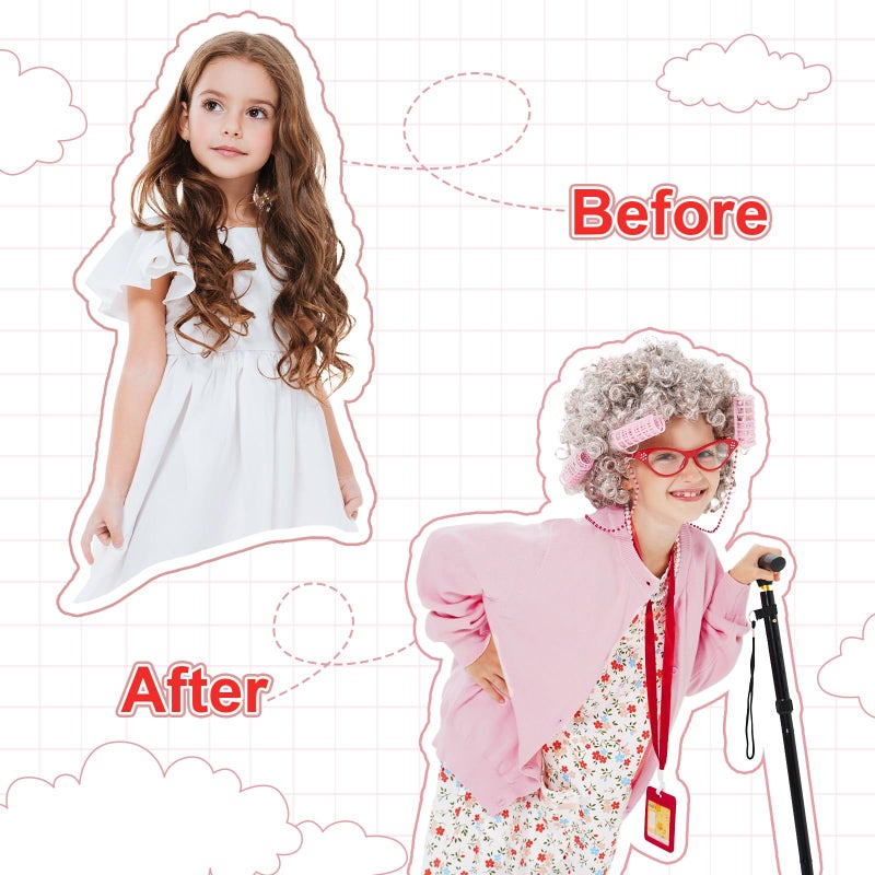 FAYBOX 9 pcs Old Lady Costume for Kids 100 Days of School Costume Old Lady Wig for Girls Halloween Granny Grandma Dress Up - Image 3